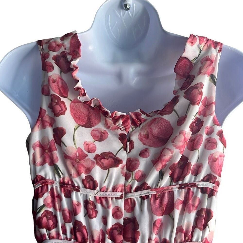 Samantha Sipos Medium Pink Strawberry Floral Front Tie Ruffles Midi Dress Kawaii - Picture 6 of 15